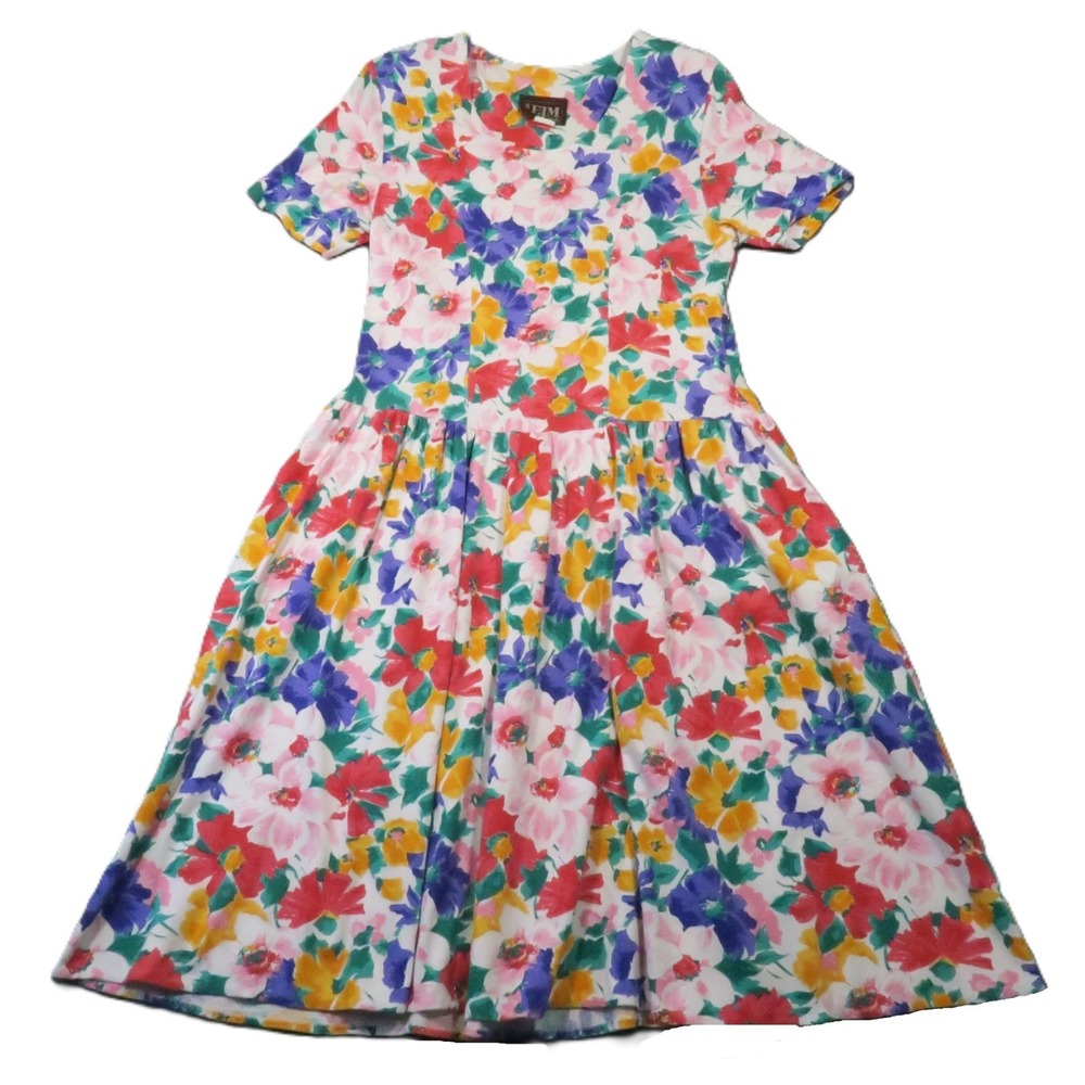 Vintage 80s Floral Dress 12‎ Colorful Midi Pockets USA Summer Wedding Guest